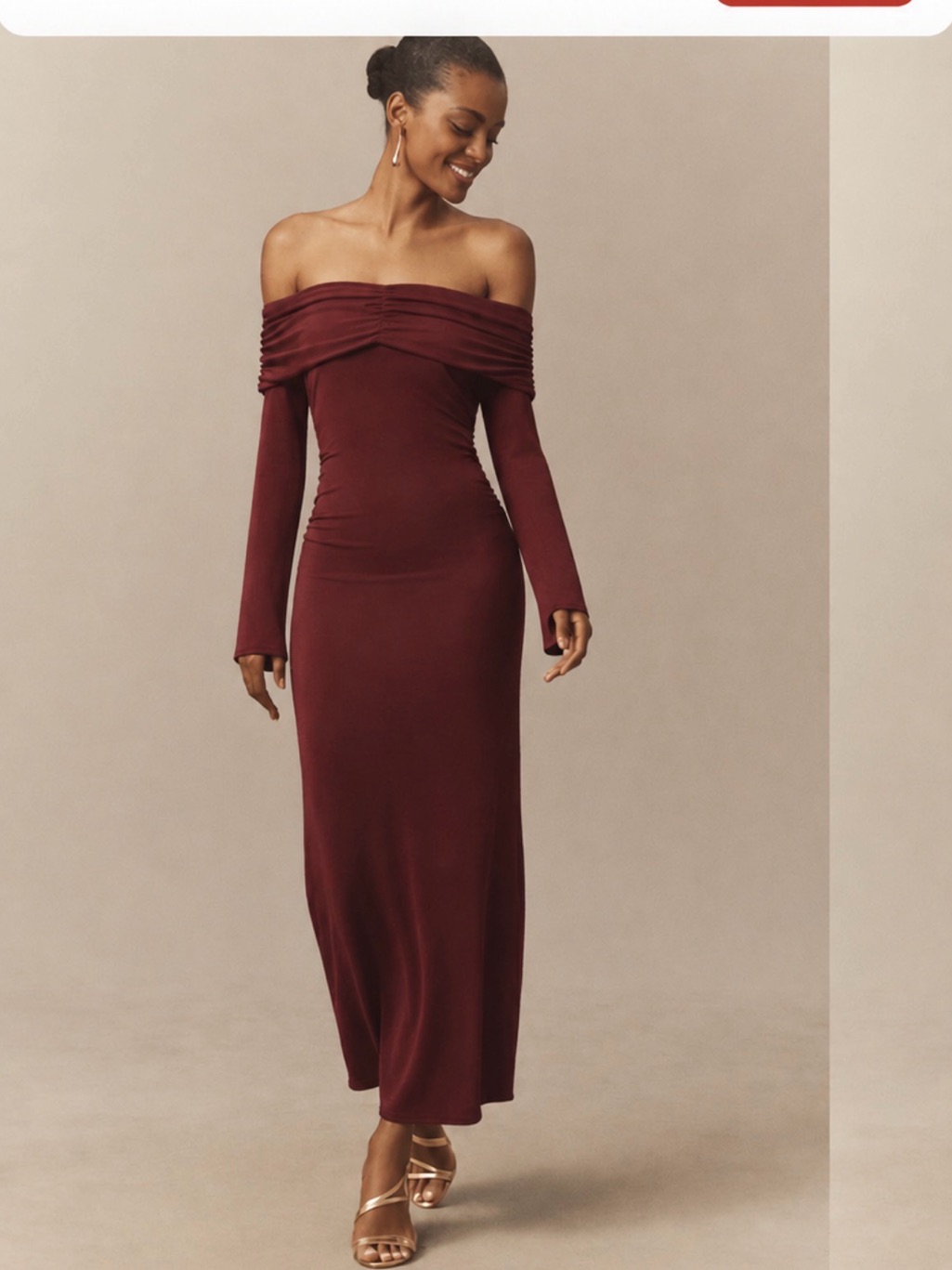 Off-Shoulder Long Sleeve Maxi Dress In Burgundy